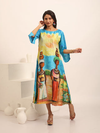 Sky Blue Murshidabad Silk Dress with Hand Painting Of Village Women