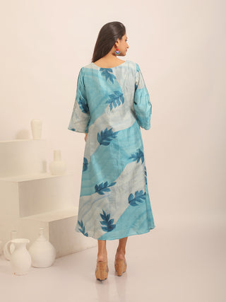Blue Murshidabad Silk Dress with Hand-Painted Portrait