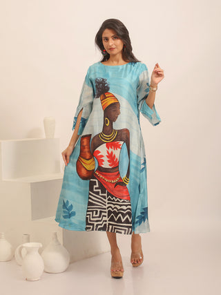 Blue Murshidabad Silk Dress with Hand-Painted Portrait