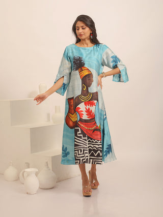 Blue Murshidabad Silk Dress with Hand-Painted Portrait