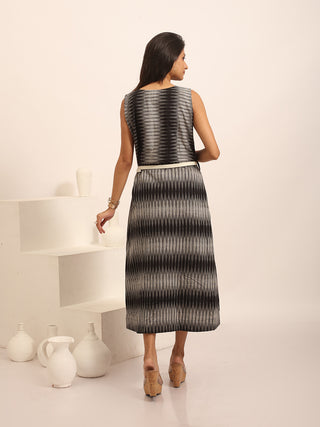 Black & Grey Ikkat Cotton Sleeveless Dress With Asymmetrical Overlay & Belt