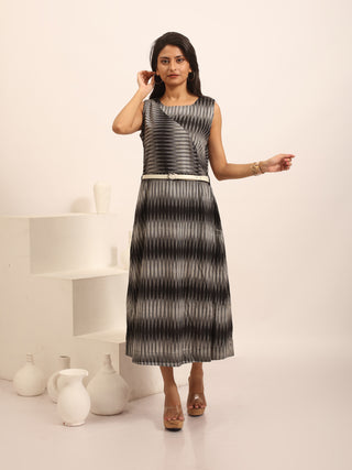 Black & Grey Ikkat Cotton Sleeveless Dress With Asymmetrical Overlay & Belt