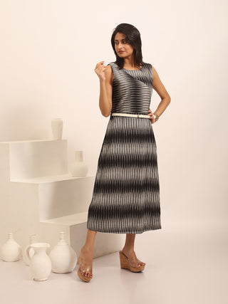 Black & Grey Ikkat Cotton Sleeveless Dress With Asymmetrical Overlay & Belt