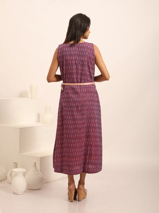 Purple Ikkat Cotton Sleeveless Dress With An Asymmetrical Overlay & Belt