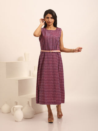 Purple Ikkat Cotton Sleeveless Dress With An Asymmetrical Overlay & Belt