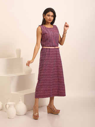 Purple Ikkat Cotton Sleeveless Dress With An Asymmetrical Overlay & Belt