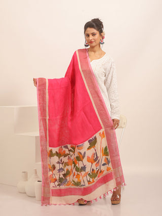 Fuchsia Pink Pure Linen Dupatta with Multicolour Hand Batik