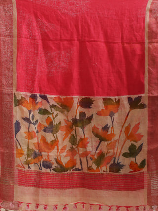 Fuchsia Pink Pure Linen Dupatta with Multicolour Hand Batik