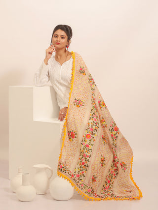 Beige Chanderi Dupatta with Pink-Orange Floral Embroidery and Yellow Pom-Poms