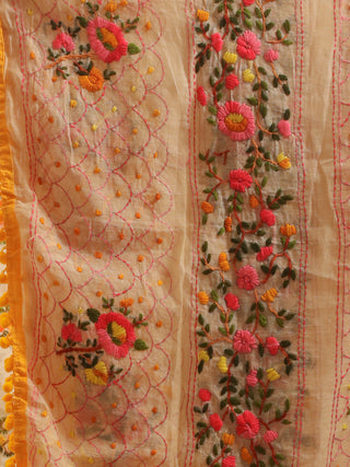 Beige Chanderi Dupatta with Pink-Orange Floral Embroidery and Yellow Pom-Poms