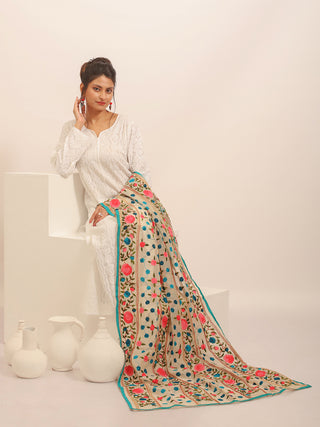 Beige Chanderi Dupatta with Pink-Blue Floral Striping