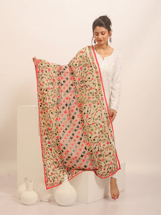 Ivory Chanderi Dupatta with Central Geometric Motif and Side Florals