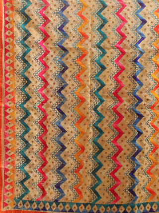 Beige Chanderi Dupatta with Multicolour Chevron Embroidery