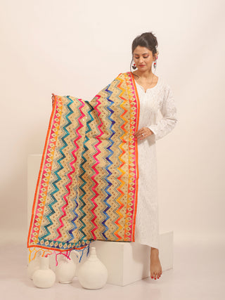 Beige Chanderi Dupatta with Multicolour Chevron Embroidery