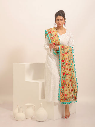 Beige Chanderi Dupatta with Multicolour Vine Embroidery and Aqua Pom-Poms