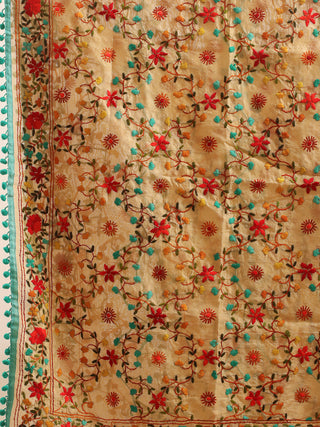 Beige Chanderi Dupatta with Multicolour Vine Embroidery and Aqua Pom-Poms