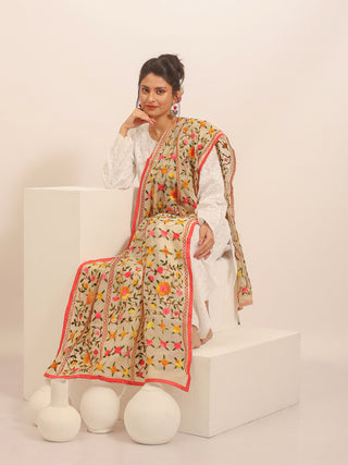 Cream Chanderi Dupatta with Marigold Rose Vines in Striped Layout