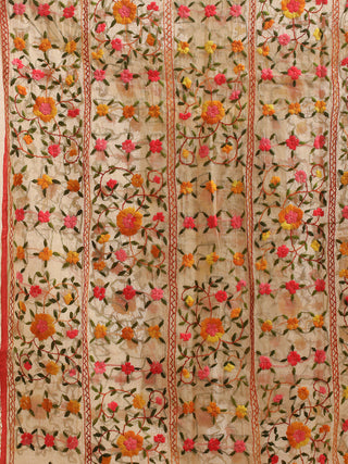 Cream Chanderi Dupatta with Marigold Rose Vines in Striped Layout
