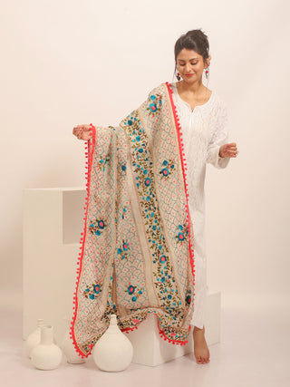Ivory Chanderi Dupatta with Teal and Pink Embroidery & Scallop Grid Pattern