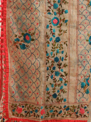 Ivory Chanderi Dupatta with Teal and Pink Embroidery & Scallop Grid Pattern