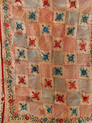 Beige Chanderi Dupatta with Multicolour Embroidered Checks
