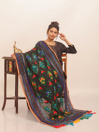 Black Chanderi Dupatta with Multicolour Embroidery and Peach Piping Border