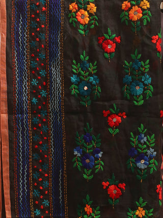 Black Chanderi Dupatta with Multicolour Embroidery and Peach Piping Border