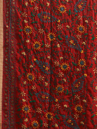 Crimson Red Chanderi Dupatta with Dense Floral Embroidery