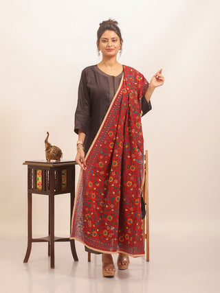 Crimson Red Chanderi Dupatta with Dense Floral Embroidery