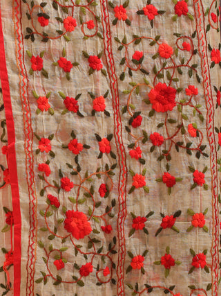 Ivory Chanderi Dupatta with Vermillion Red Rose Butis in Striped Layout