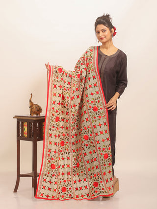 Ivory Chanderi Dupatta with Vermillion Red Rose Butis in Striped Layout