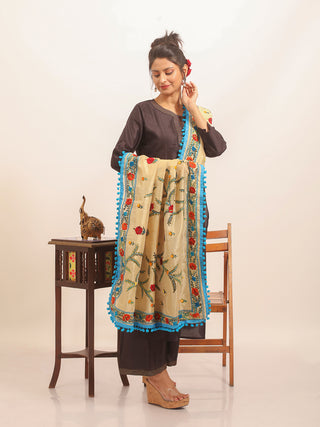 Beige Chanderi Dupatta with Floral Vines and Sky Blue Pom-Poms