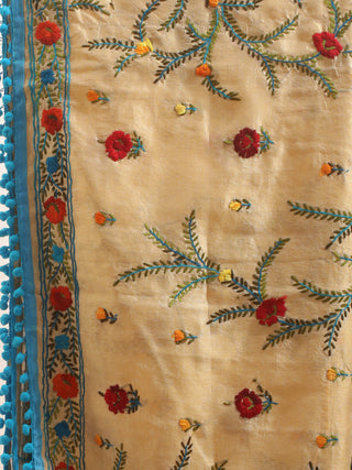 Beige Chanderi Dupatta with Floral Vines and Sky Blue Pom-Poms