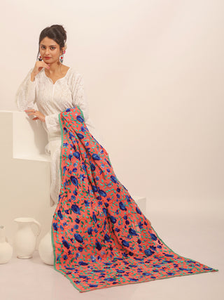 Coral Pink Georgette Dupatta with Midnight Blue Rose Embroidery