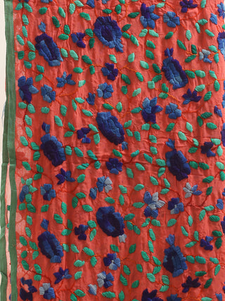 Coral Pink Georgette Dupatta with Midnight Blue Rose Embroidery