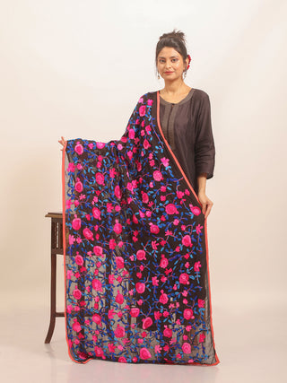 Black Georgette Dupatta with Fuchsia & Blue Embroidery