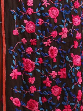 Black Georgette Dupatta with Fuchsia & Blue Embroidery