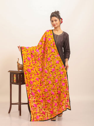 Yellow Georgette Dupatta with Fuchsia Rose Embroidery