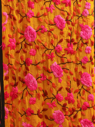 Yellow Georgette Dupatta with Fuchsia Rose Embroidery