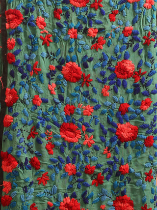 Teal Green Georgette Dupatta with Red and Blue Embroidery