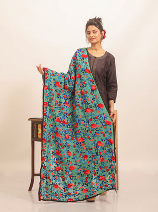 Teal Green Georgette Dupatta with Red and Blue Embroidery