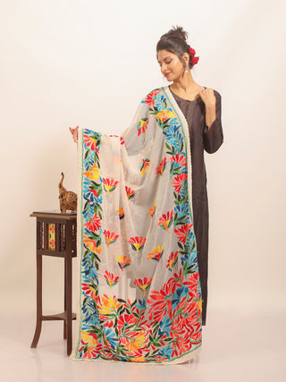 Ivory Georgette Dupatta with Colourful Garden Embroidery
