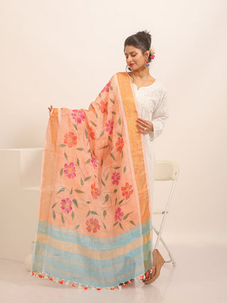 Peach Linen Dupatta with Hand-Painted Pink Florals