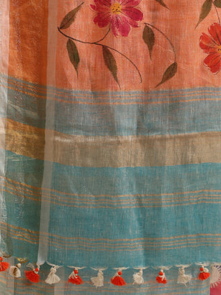 Peach Linen Dupatta with Hand-Painted Pink Florals