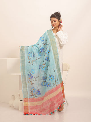 Aqua Linen Dupatta with Blue Hand-Painted Florals