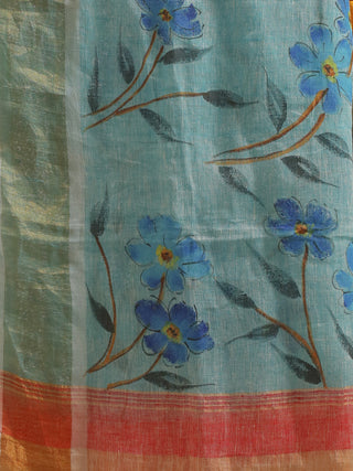Aqua Linen Dupatta with Blue Hand-Painted Florals