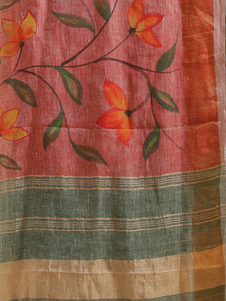 Coral Linen Dupatta with Yellow-Orange Florals