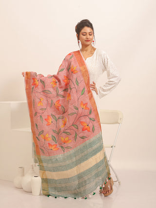 Coral Linen Dupatta with Yellow-Orange Florals