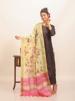 Lemon Yellow Linen Dupatta with Pink Rosebuds