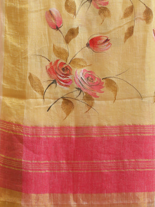 Lemon Yellow Linen Dupatta with Pink Rosebuds